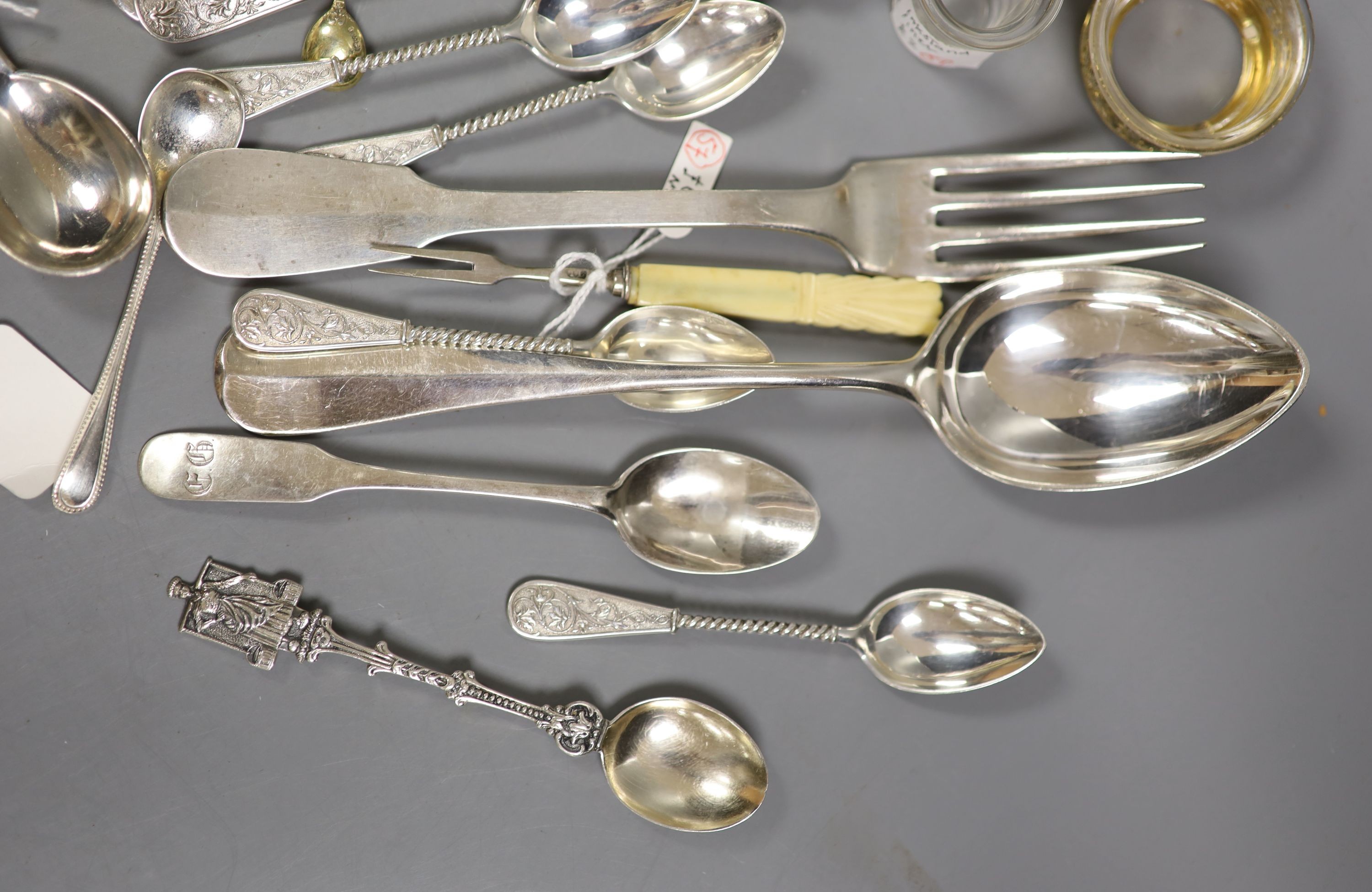 A pair of German 800 gilt white metal salts and a quantity of continental white metal flatware including French, Dutch and Austro-Hungarian, weighable white metal 13oz and a group of plated flatware.